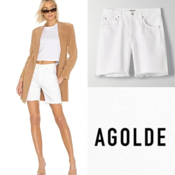 AGOLDE Rumi Shorts Oyster White Long Cut Off Bike Bermuda Denim Jean Aritzia 24 - Picture 7 of 12